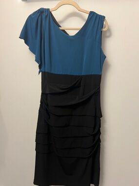 Valerie Bertinelli Teal and Black One-Shoulder Layered Dress